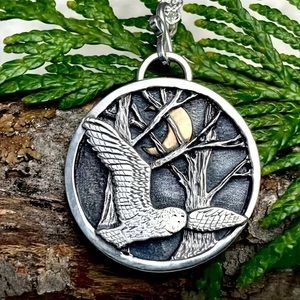 Owl's Flight Crescent Moon and Forest Silver Pendant Necklace